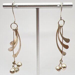 Vintage Sterling Silver Dangle Earrings Modernist Triple Curved Bars & Beads